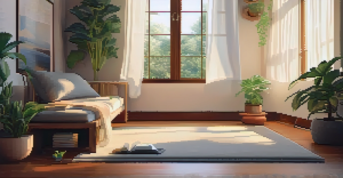 A tranquil meditation area featuring a cushion, plants, and soft sunlight illuminating the space.