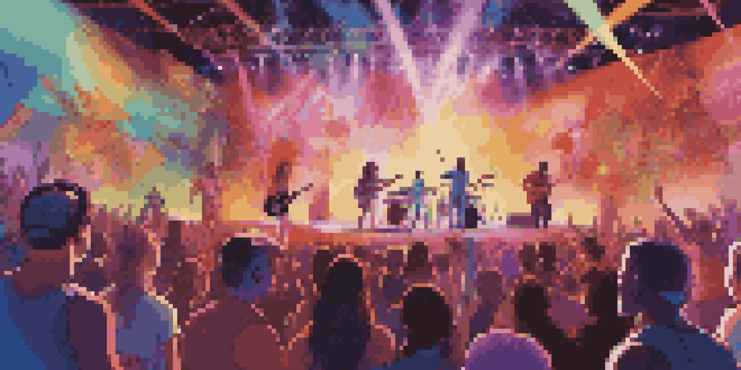 A lively and colorful virtual concert in a metaverse setting, showing a diverse crowd enjoying the performance with animated effects and engaging artists.