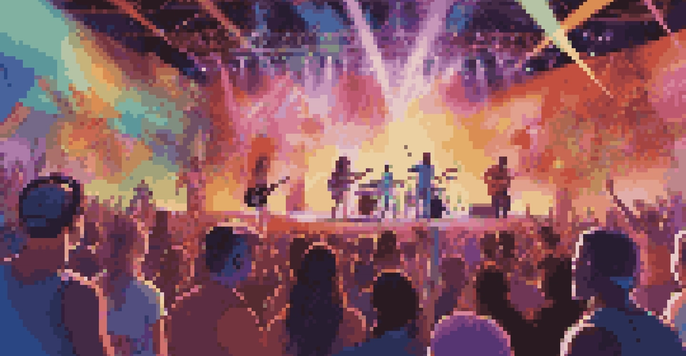 A lively and colorful virtual concert in a metaverse setting, showing a diverse crowd enjoying the performance with animated effects and engaging artists.