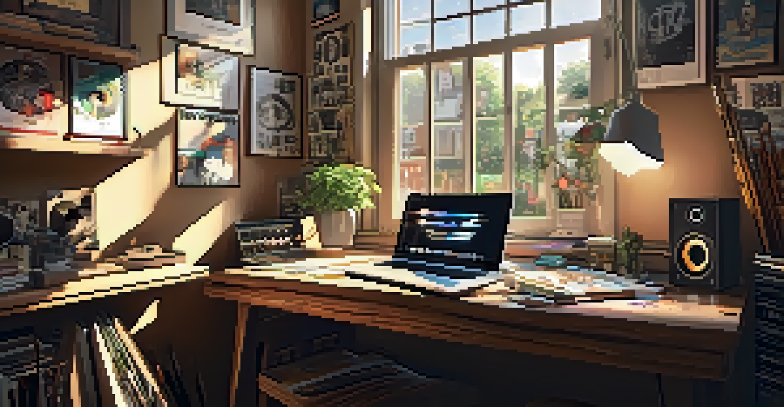 An artist's workspace filled with musical instruments and posters, illuminated by sunlight from a window.