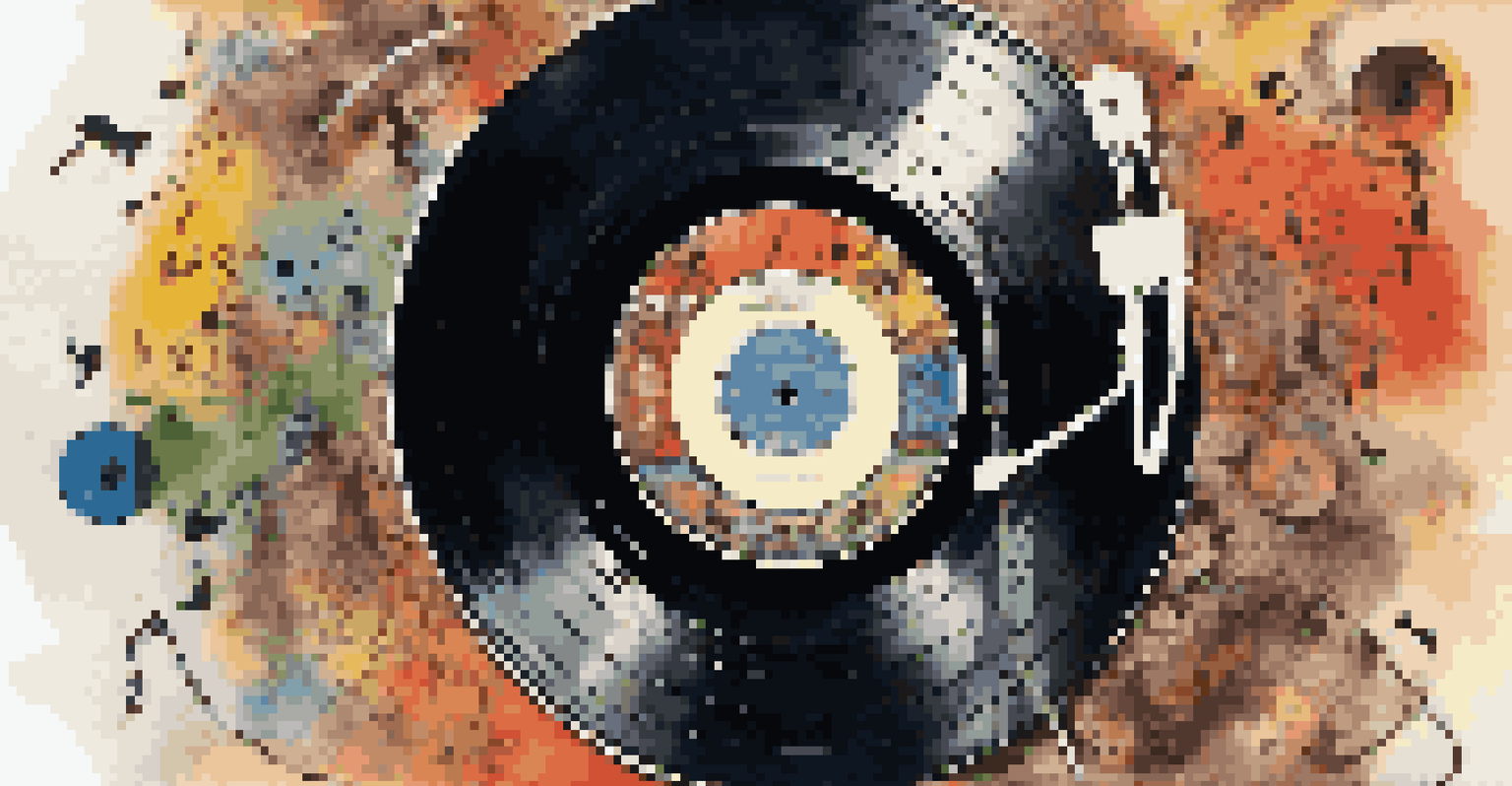 A colorful vinyl record surrounded by symbols of different music genres, representing the relationship between music and political activism.