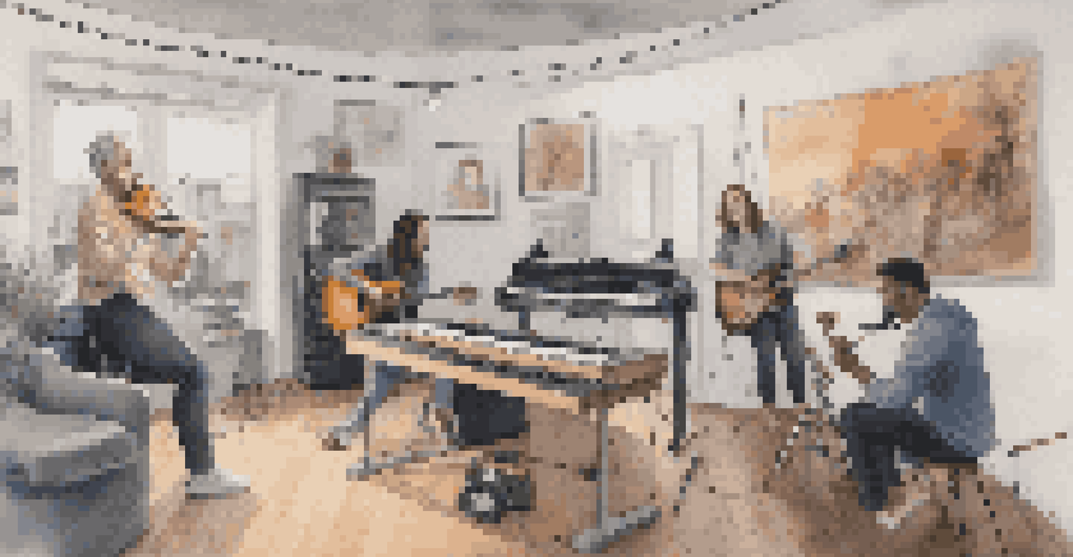A split-screen showing a musician live-streaming in a home studio and fans watching the performance on their devices, illustrating the connection between artists and audiences.