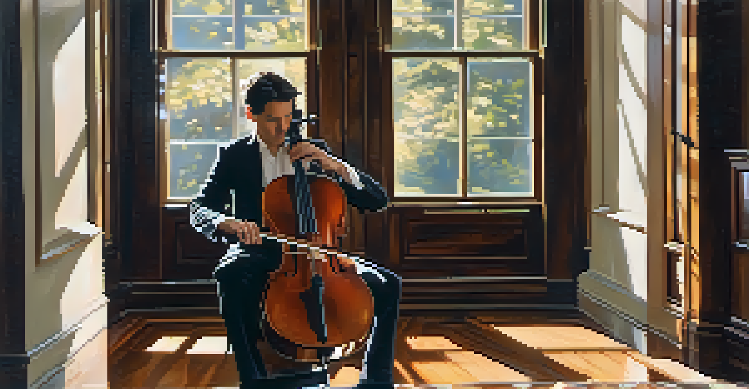 A musician playing a cello in soft natural light, with sheet music featuring bass clef symbols in the foreground.