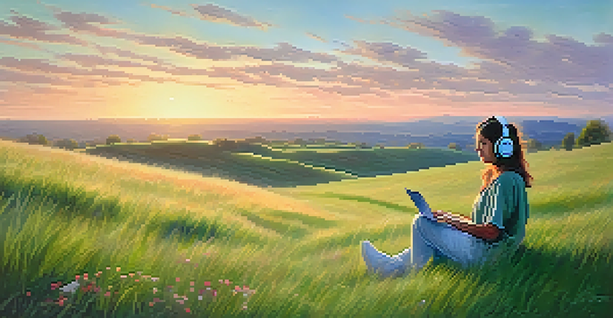 A person sitting on a grassy hill with headphones, surrounded by blooming flowers and a pastel-colored sky at dawn.
