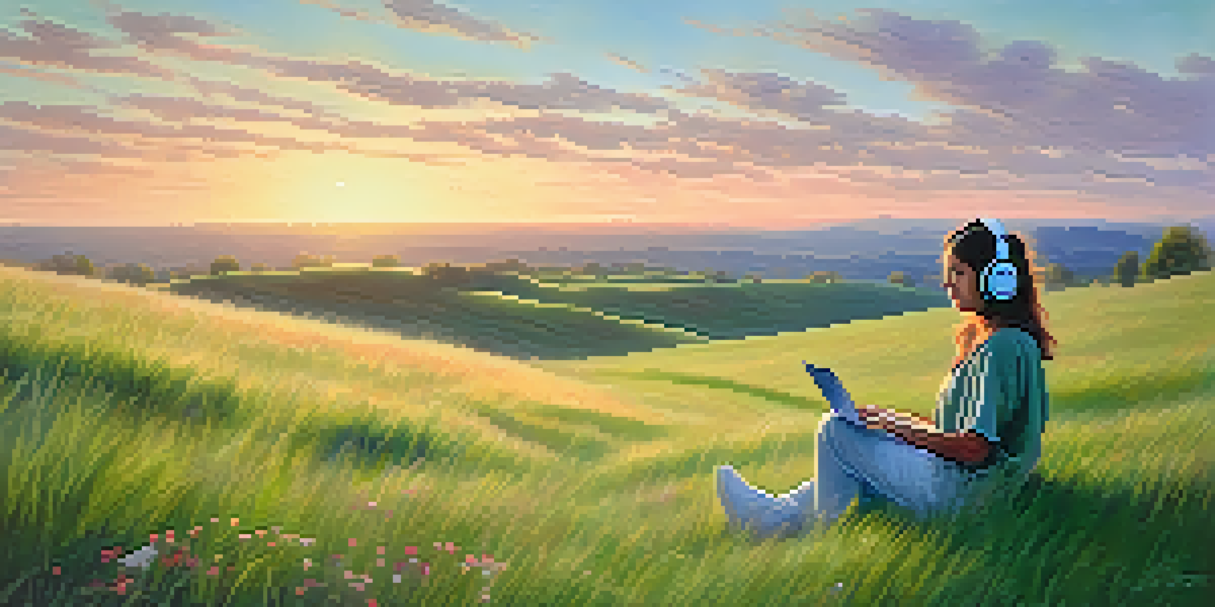 A person sitting on a grassy hill with headphones, surrounded by blooming flowers and a pastel-colored sky at dawn.