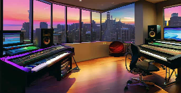 A contemporary music studio with digital audio workstation and musical instruments, illuminated by ambient lighting and a city skyline view at sunset.