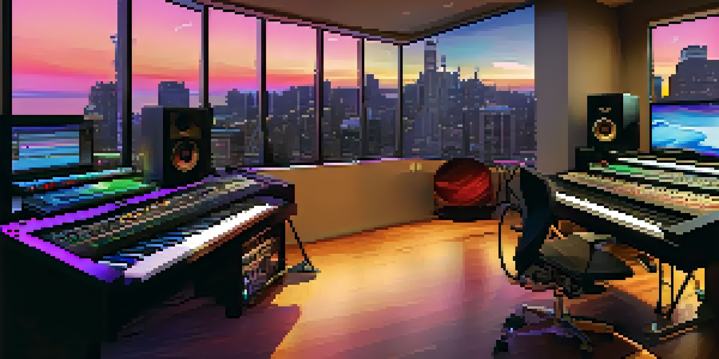 A contemporary music studio with digital audio workstation and musical instruments, illuminated by ambient lighting and a city skyline view at sunset.