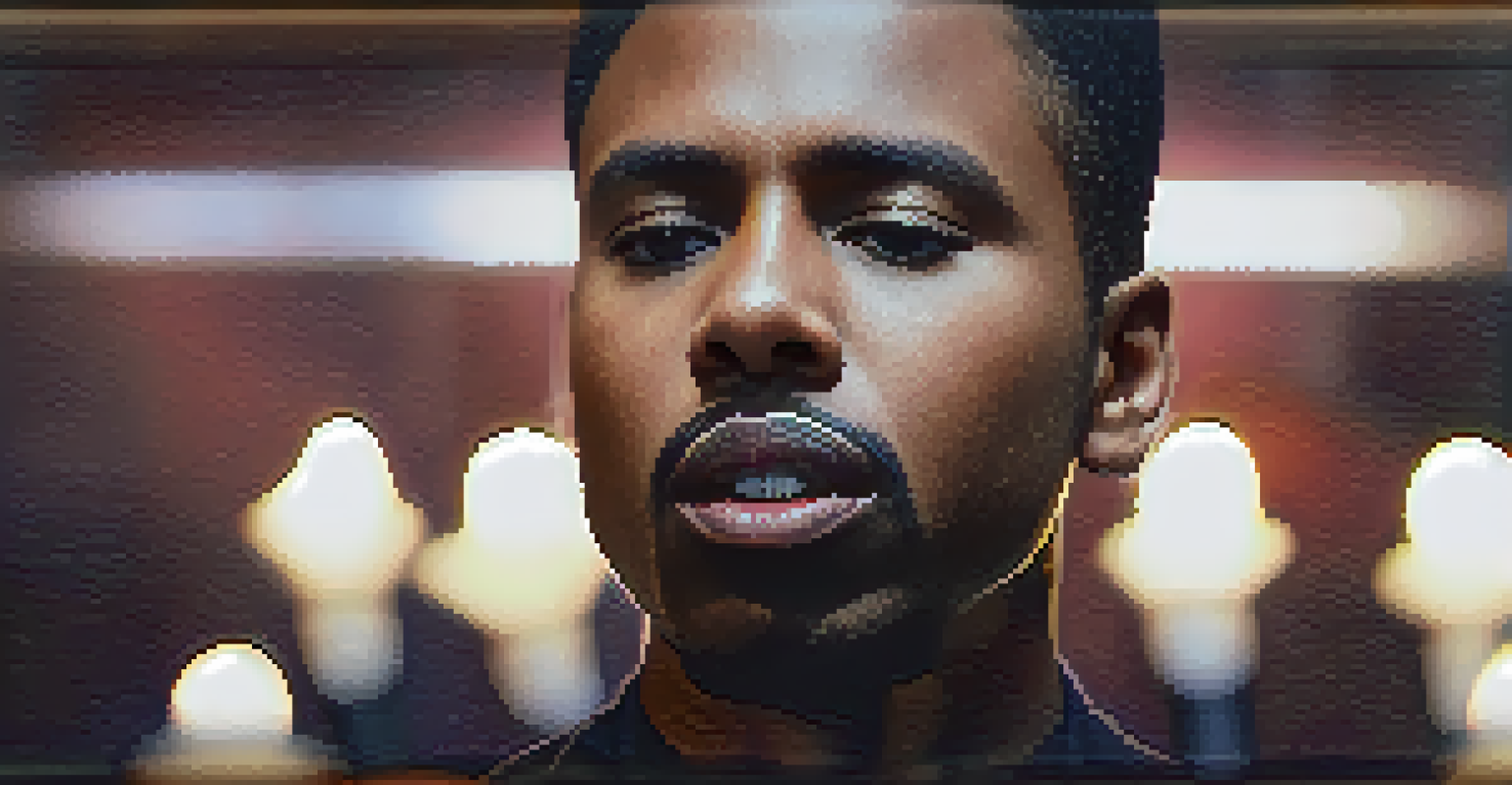 A close-up of a focused choir member practicing breath support, with a blurred background and warm lighting.