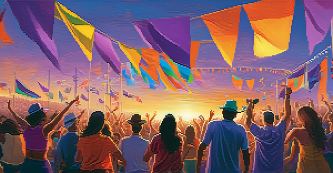 A lively outdoor music festival at sunset with a diverse crowd dancing and colorful banners.