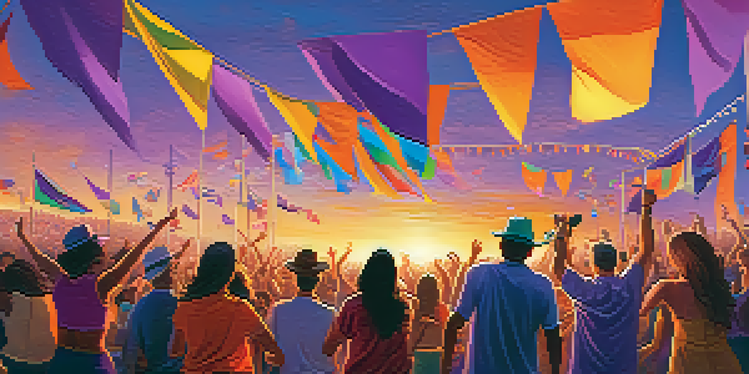 A lively outdoor music festival at sunset with a diverse crowd dancing and colorful banners.