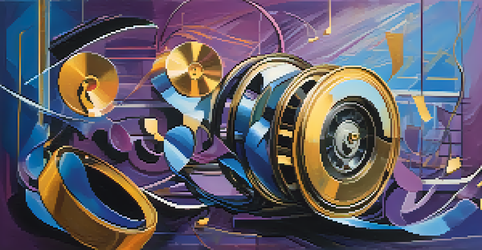 An abstract image showing musical notes flowing from a film reel, with vibrant colors symbolizing the connection between music and movies.