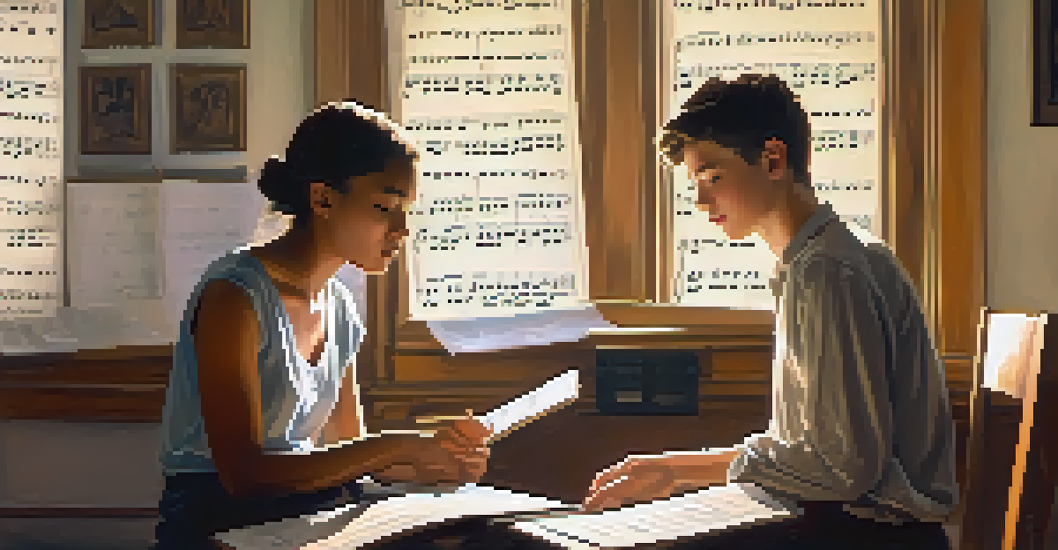 Two students engaged in a discussion about music, surrounded by sheet music and a piano in a cozy classroom.