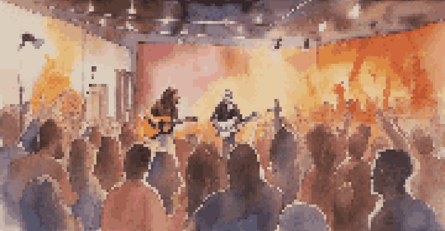 A split image showing a musician playing acoustic guitar in a cozy room and a rock band performing at a vibrant festival.