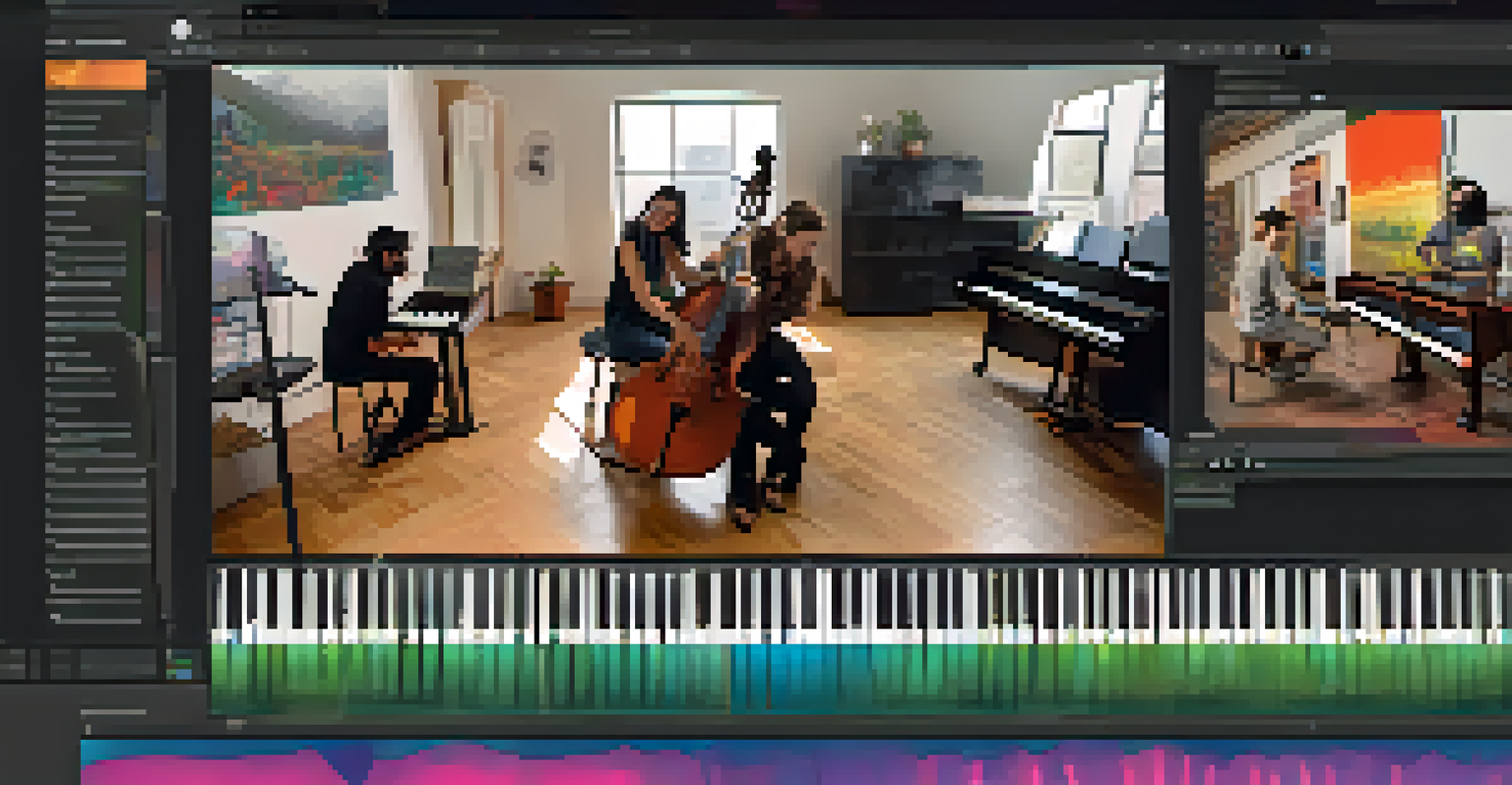 Musicians from different locations collaborating online, playing various instruments, with visual sound waves connecting them.