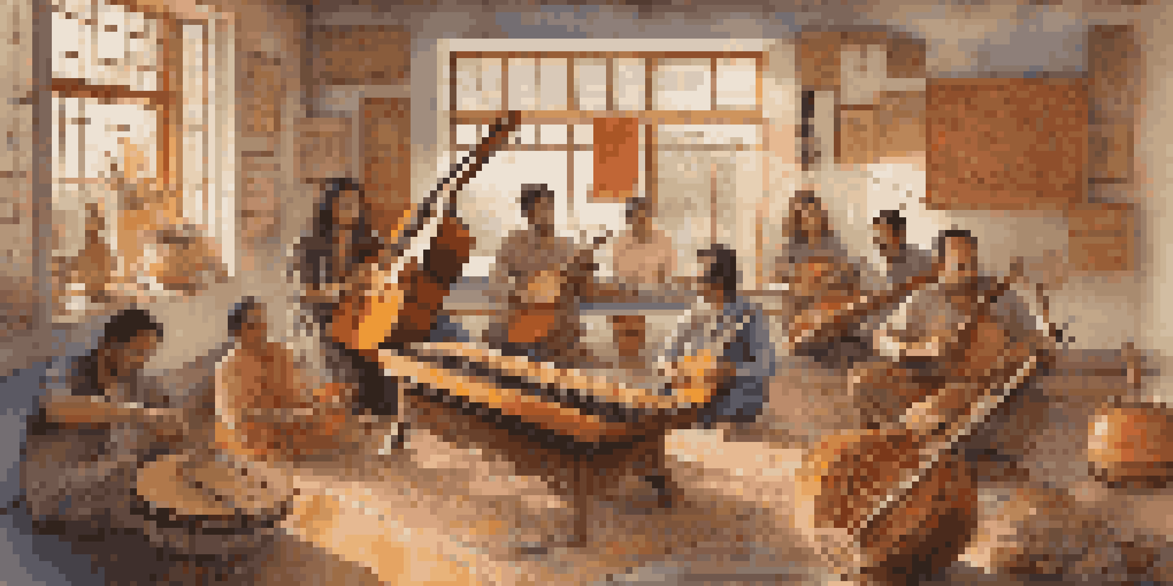 A contemporary composer in a sunlit room surrounded by traditional musical instruments like sitar, djembe, and shamisen, with sheet music on the table.
