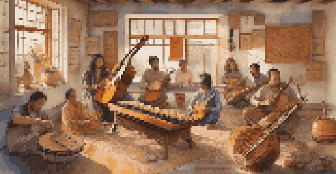 A contemporary composer in a sunlit room surrounded by traditional musical instruments like sitar, djembe, and shamisen, with sheet music on the table.