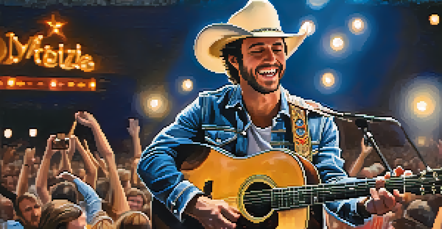 Close-up of a musician playing an acoustic guitar on stage at a country music festival, with bright stage lights.