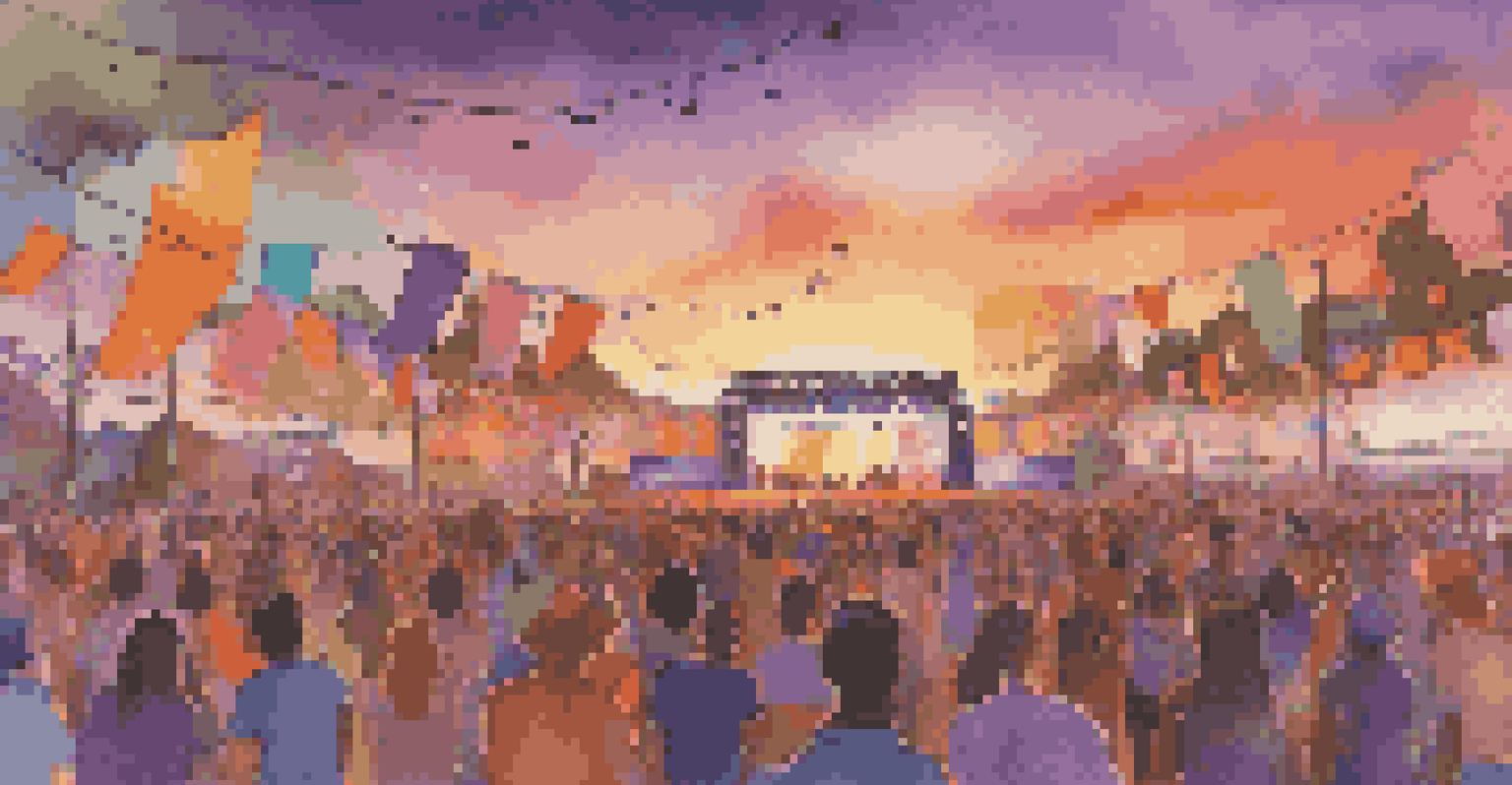 A sunset view of an outdoor music festival with a lively crowd enjoying the performance on a vibrant stage, surrounded by colorful flags and a beautiful sky.