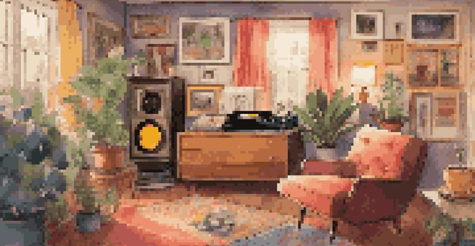 A cozy room decorated with music memorabilia, including a vintage record player and colorful vinyl records, creating a nostalgic atmosphere.