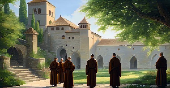 A tranquil monastery with monks singing, surrounded by nature and sunlight.