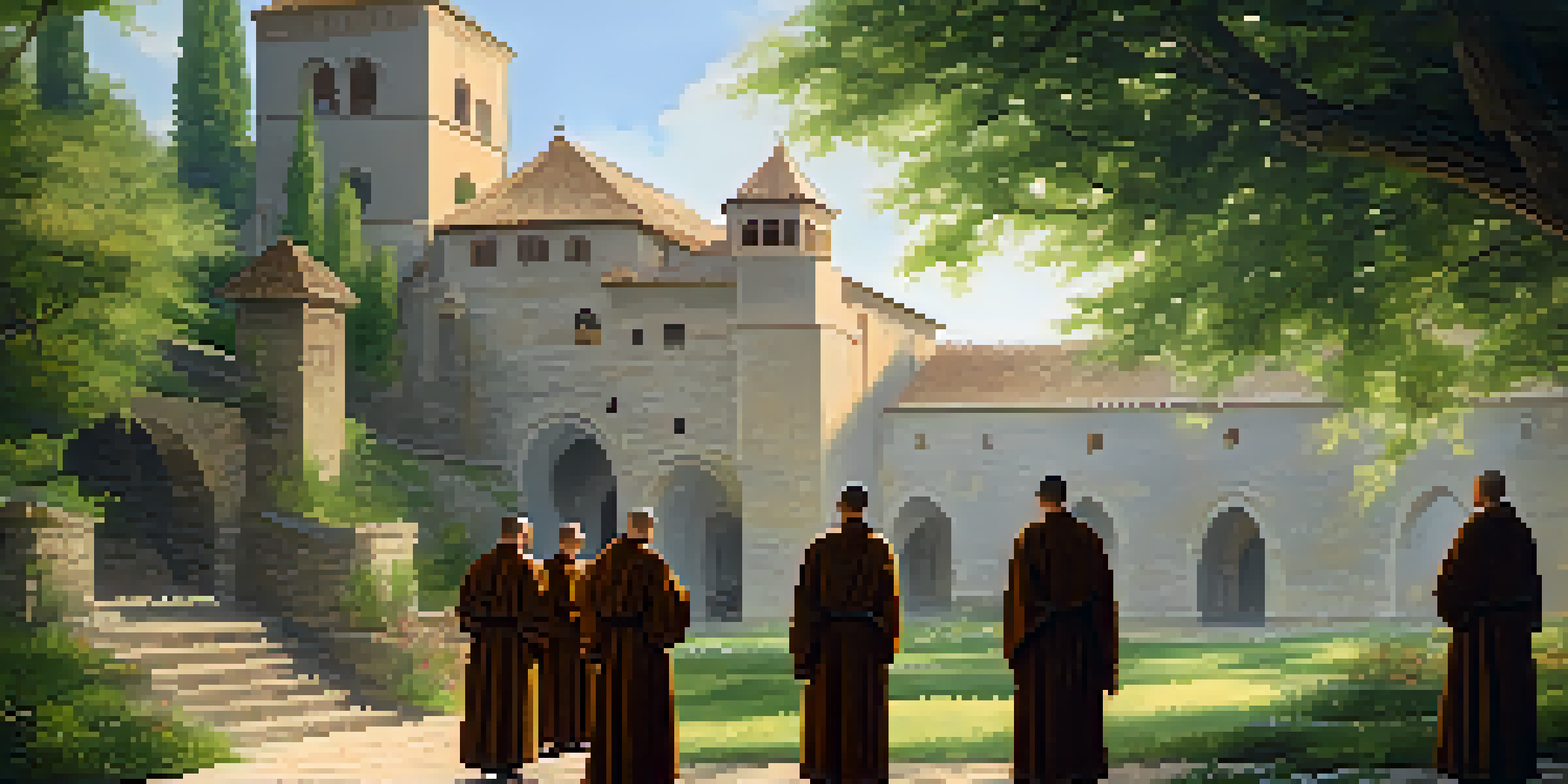 A tranquil monastery with monks singing, surrounded by nature and sunlight.