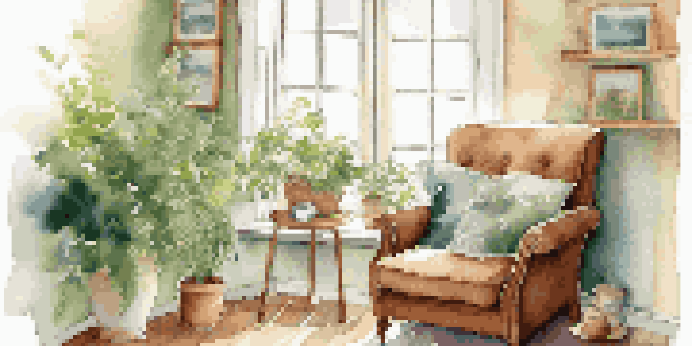 A cozy relaxation corner with an armchair, tea, and plants, illuminated by soft sunlight.