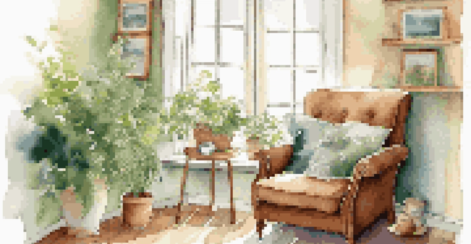 A cozy relaxation corner with an armchair, tea, and plants, illuminated by soft sunlight.