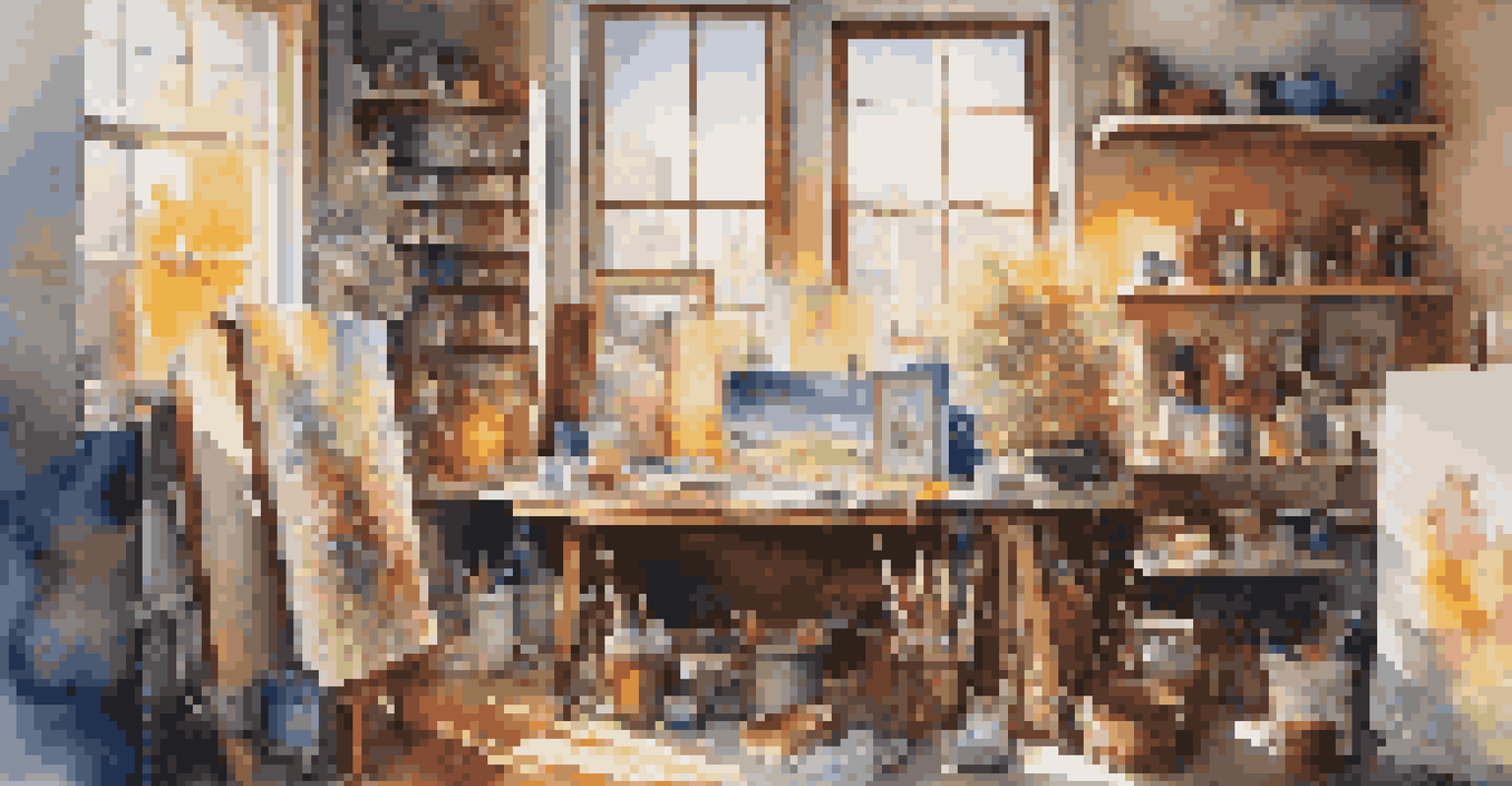 An artist's studio with a bright window, colorful art supplies, and a cityscape painting in progress.