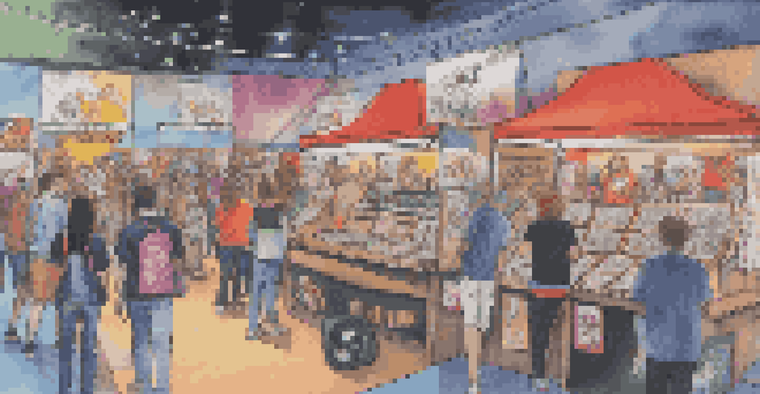 A merchandise booth at a concert featuring a variety of artist-branded items, with fans browsing and engaging.