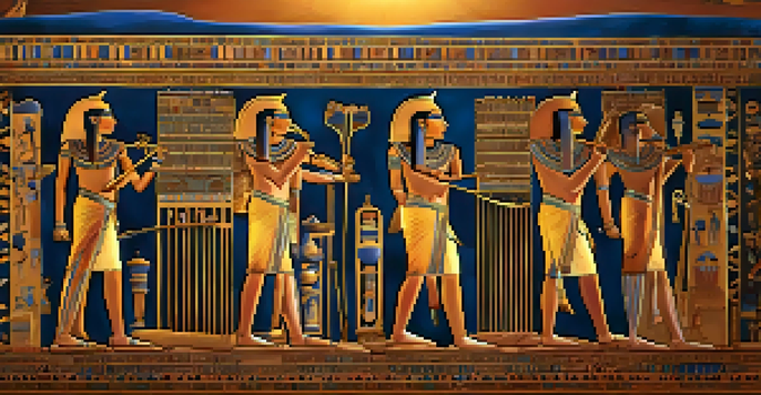 An ancient Egyptian ceremony showcasing musicians playing lyres and flutes at sunset, with priests and worshippers dancing.