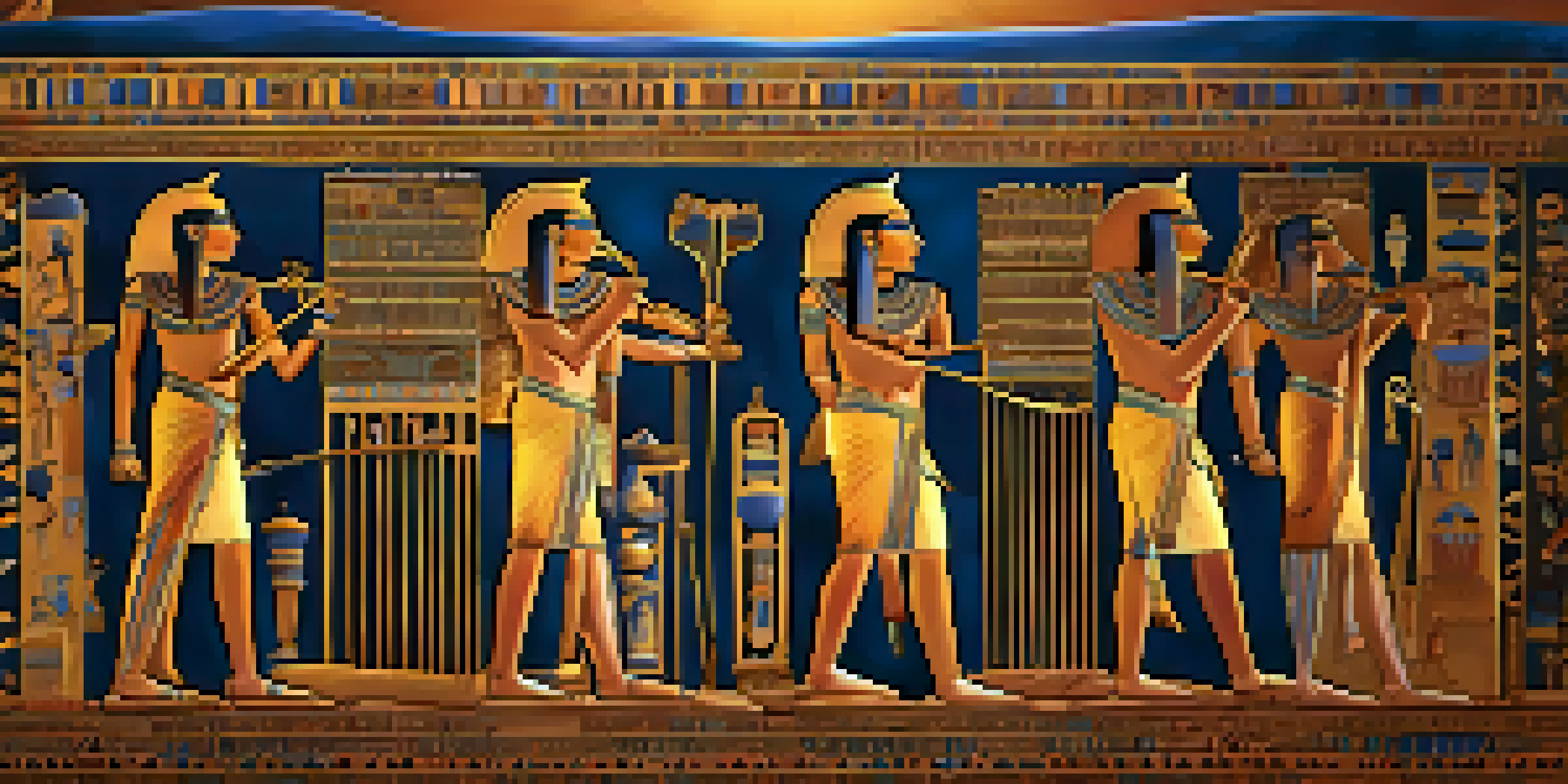 An ancient Egyptian ceremony showcasing musicians playing lyres and flutes at sunset, with priests and worshippers dancing.