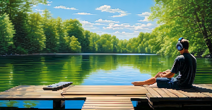 A peaceful lake scene with a person on a dock listening to music, surrounded by trees and a clear sky.