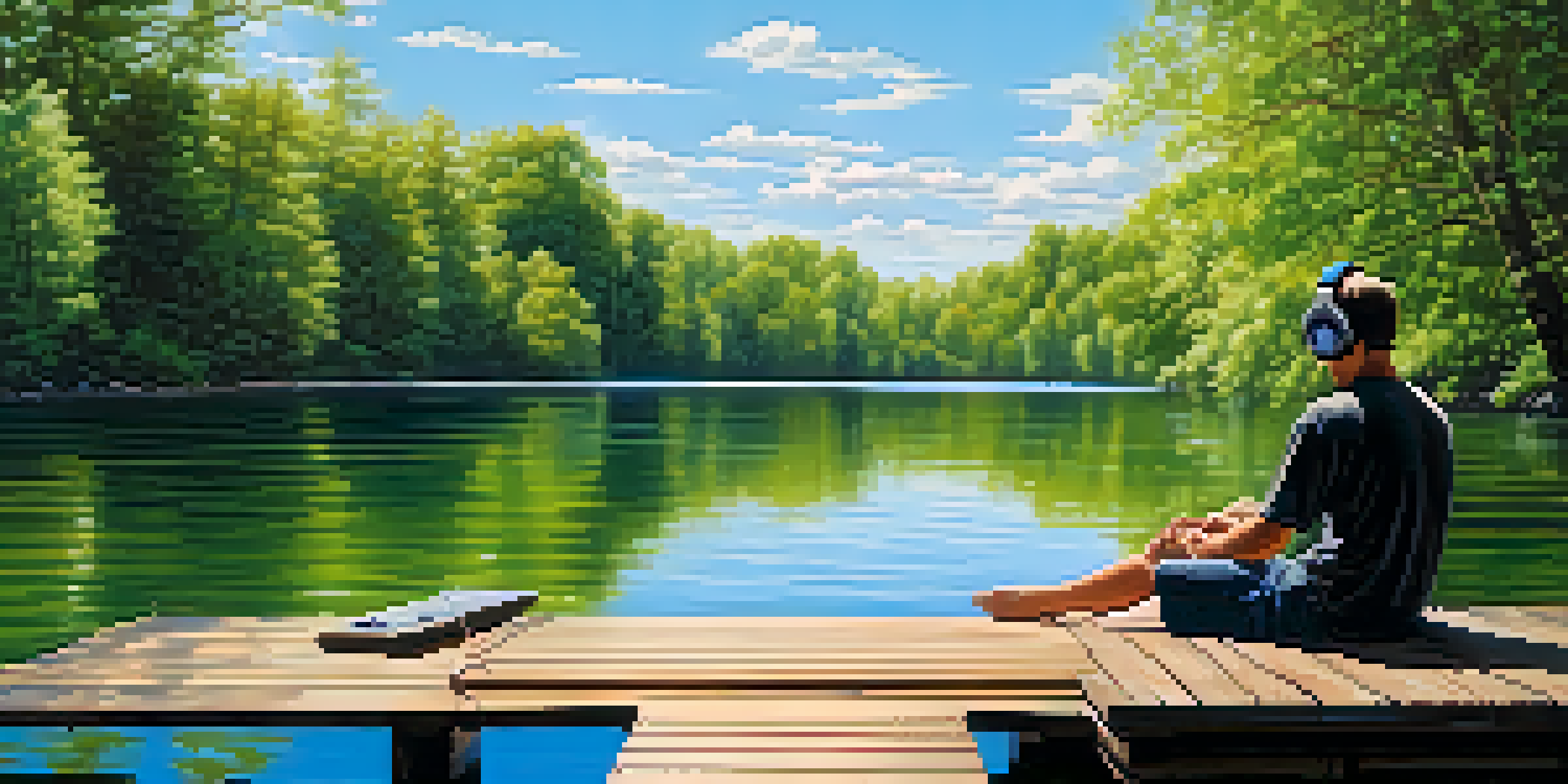 A peaceful lake scene with a person on a dock listening to music, surrounded by trees and a clear sky.