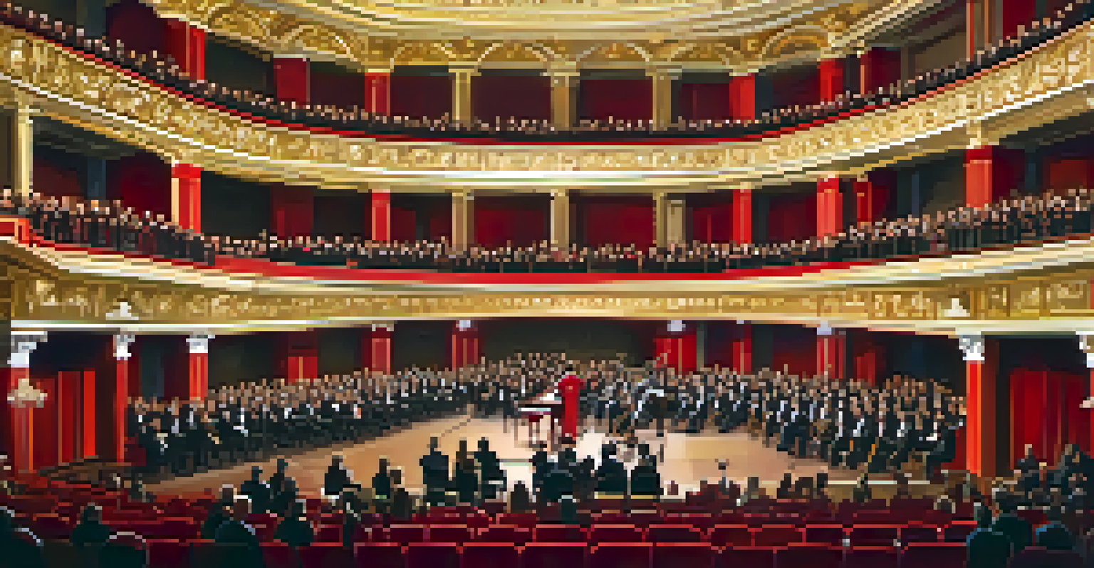 An ornate concert hall filled with an audience, featuring a full orchestra on stage and elegant architecture.
