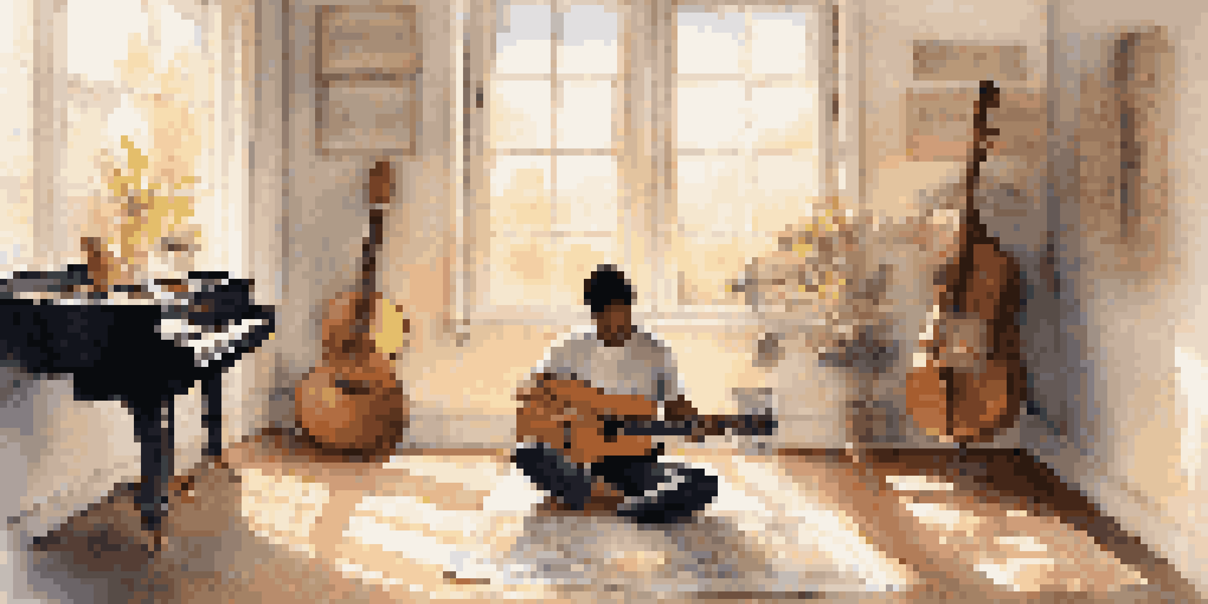 A musician practicing mindfulness in a sunlit room, surrounded by instruments such as a guitar and piano, with soft light creating a calming atmosphere.