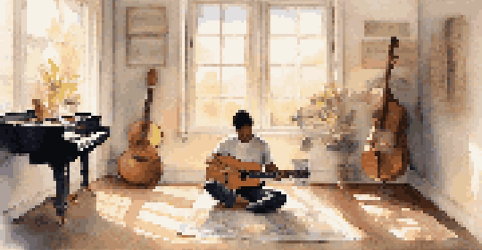 A musician practicing mindfulness in a sunlit room, surrounded by instruments such as a guitar and piano, with soft light creating a calming atmosphere.