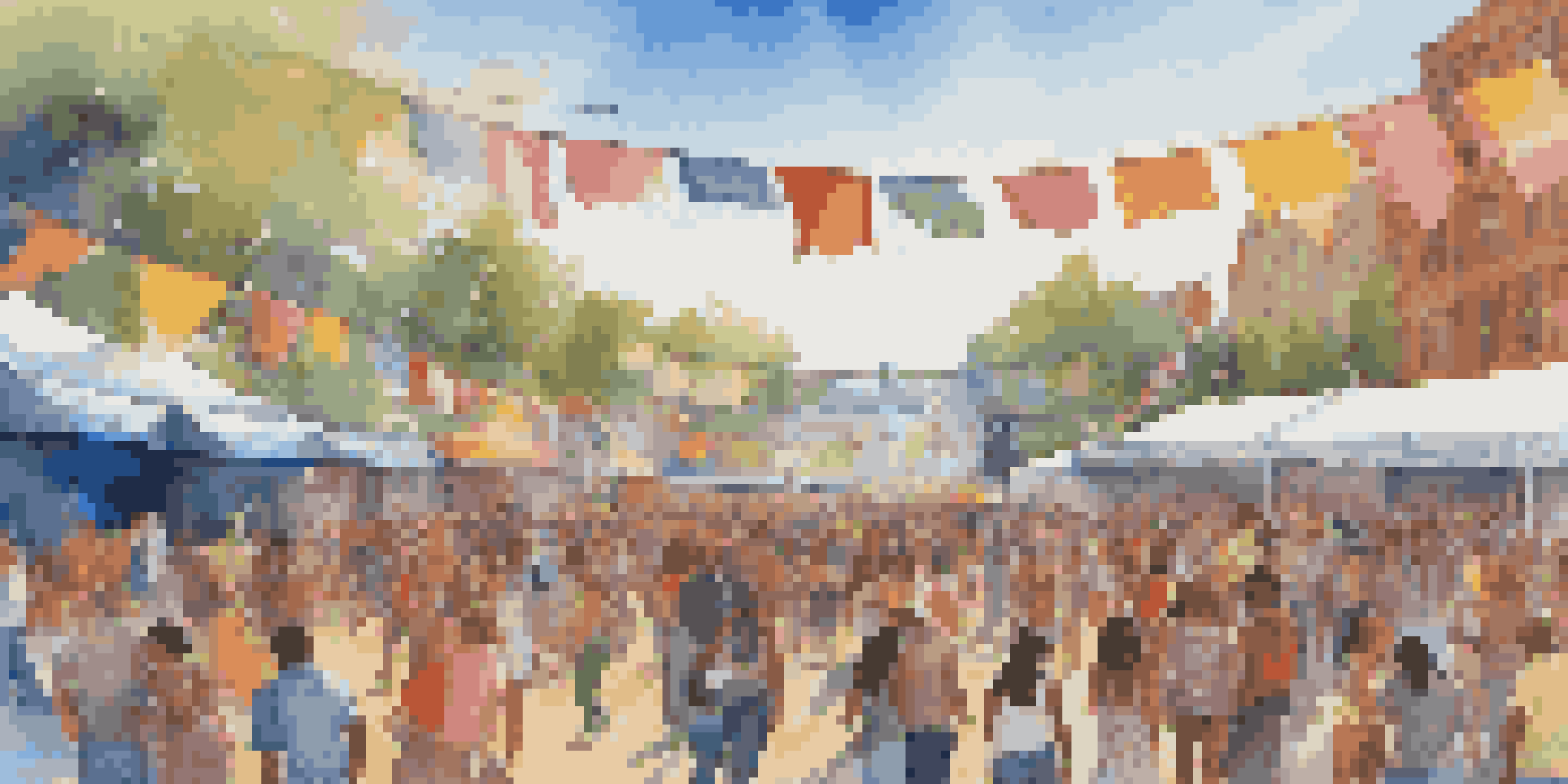 A lively music festival with young people dancing and enjoying performances, surrounded by colorful decorations and food stalls under a bright sky.