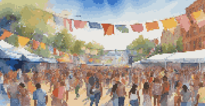 A lively music festival with young people dancing and enjoying performances, surrounded by colorful decorations and food stalls under a bright sky.
