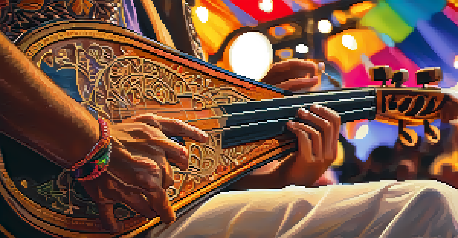 A close-up of hands playing a traditional string instrument with a vibrant festival stage in the background.