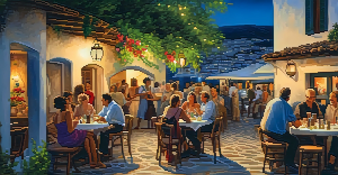 A lively Greek taverna with patrons enjoying food and live music. A musician plays the bouzouki while a couple dances, illuminated by warm lantern light.