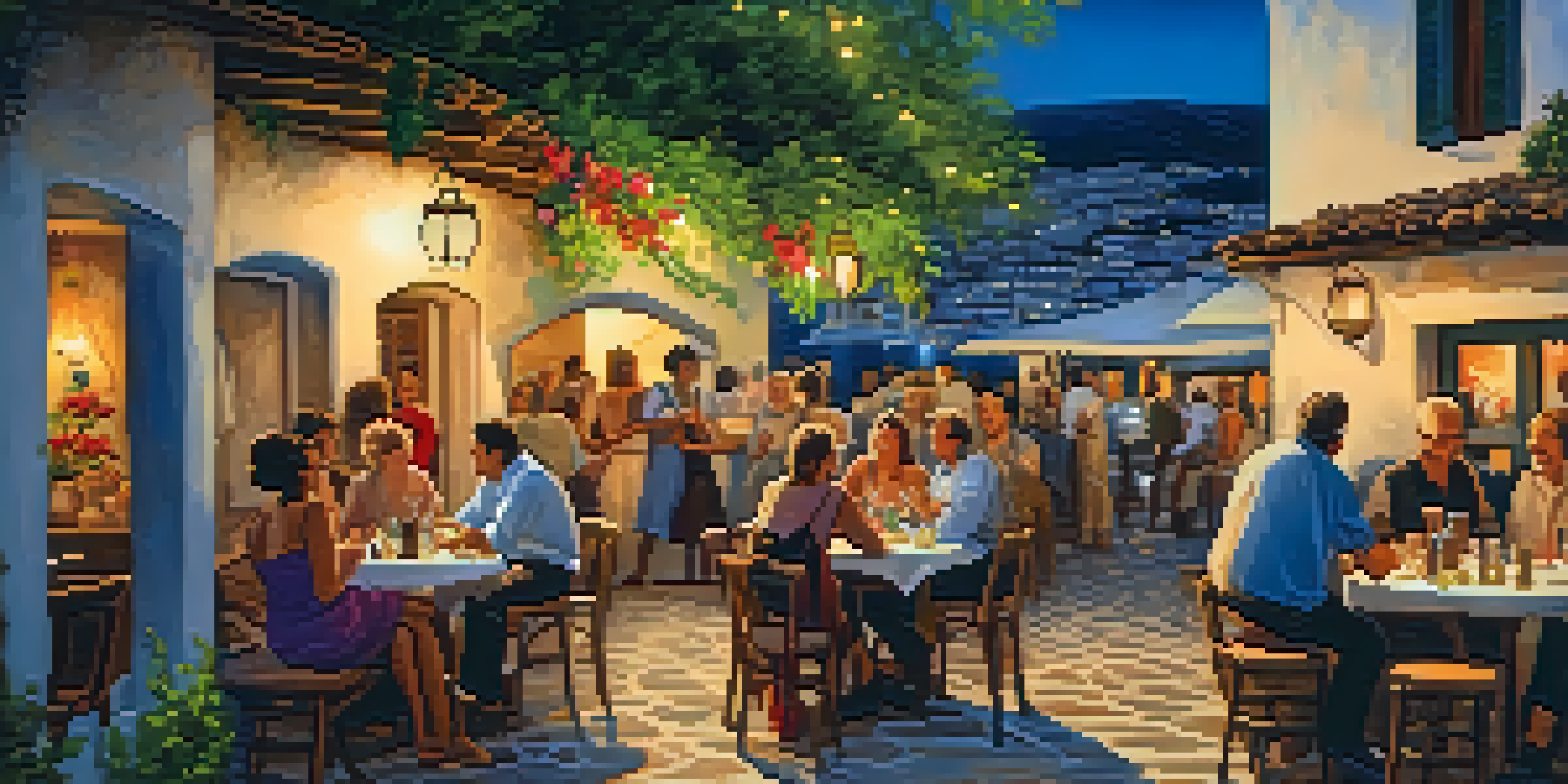 A lively Greek taverna with patrons enjoying food and live music. A musician plays the bouzouki while a couple dances, illuminated by warm lantern light.