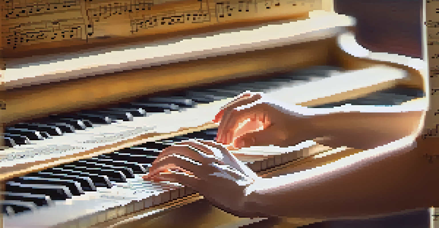 Close-up of hands playing a piano with sheet music by diverse composers, highlighting inclusion in music education.