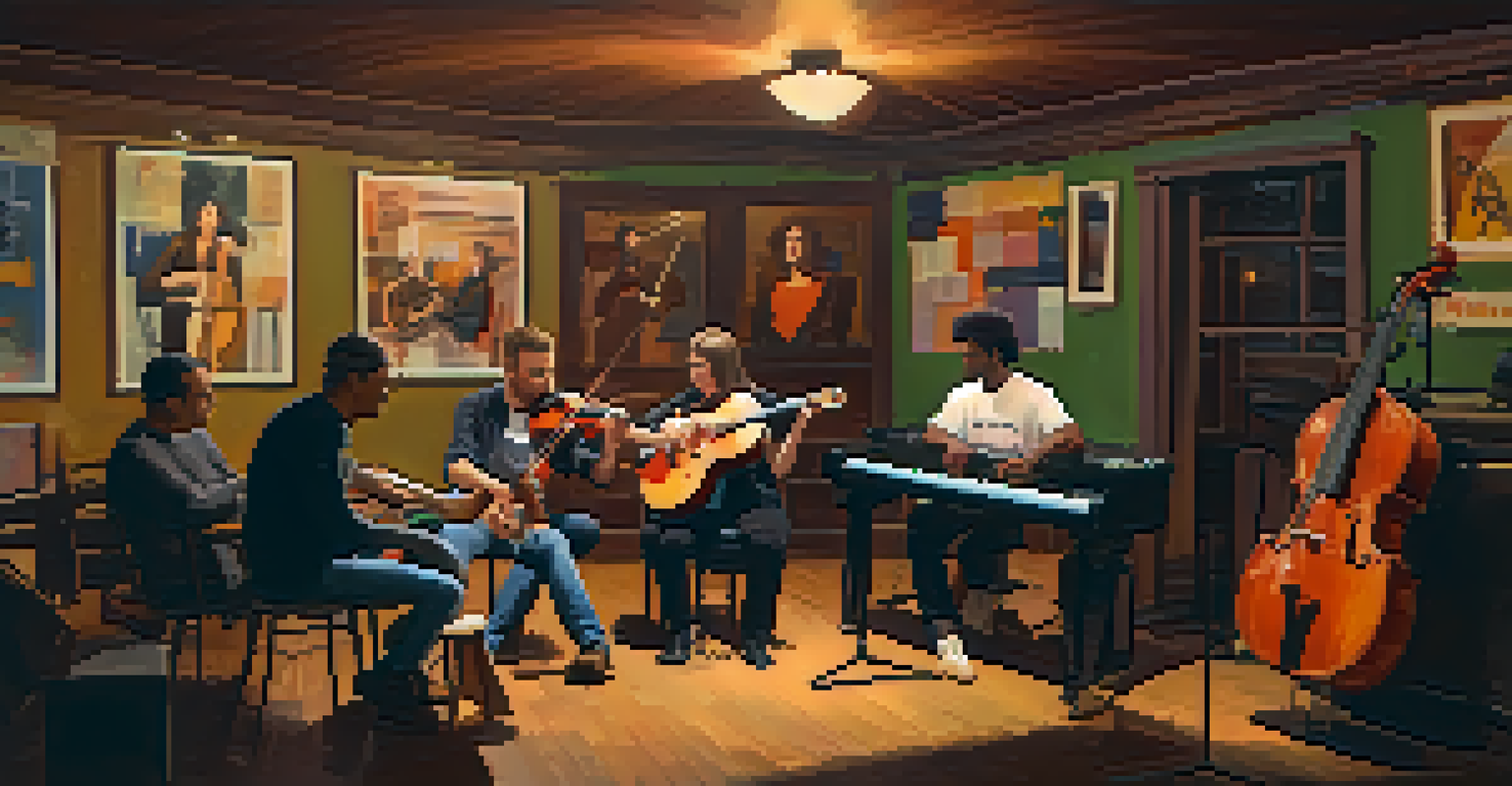 A diverse group of musicians discussing their experiences in a warm rehearsal space, surrounded by various musical instruments.