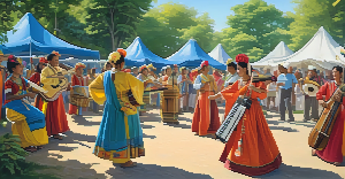 A lively outdoor cultural festival with diverse people in traditional clothing, colorful banners, and musicians playing folk music, creating a joyful community atmosphere.
