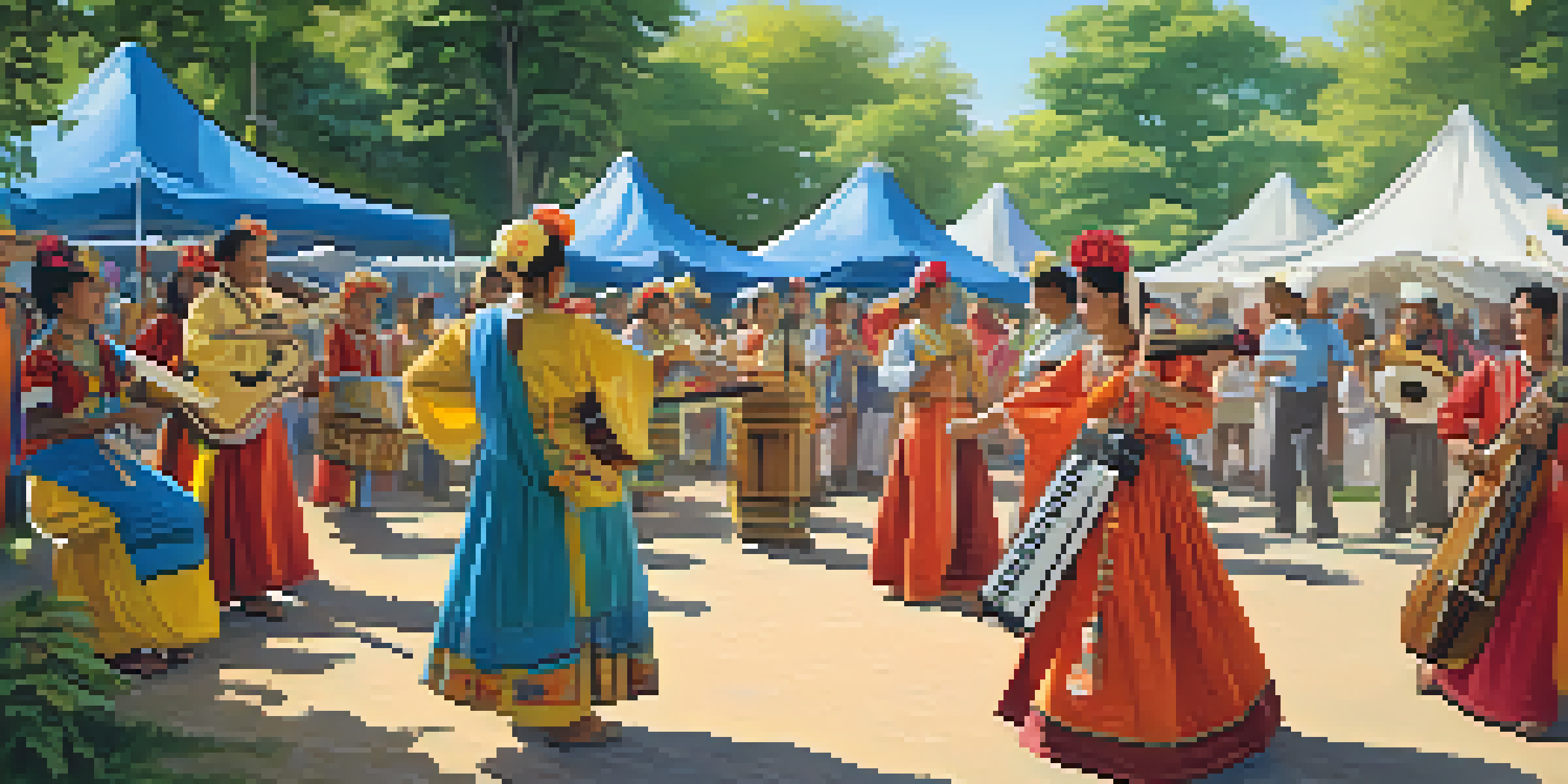 A lively outdoor cultural festival with diverse people in traditional clothing, colorful banners, and musicians playing folk music, creating a joyful community atmosphere.