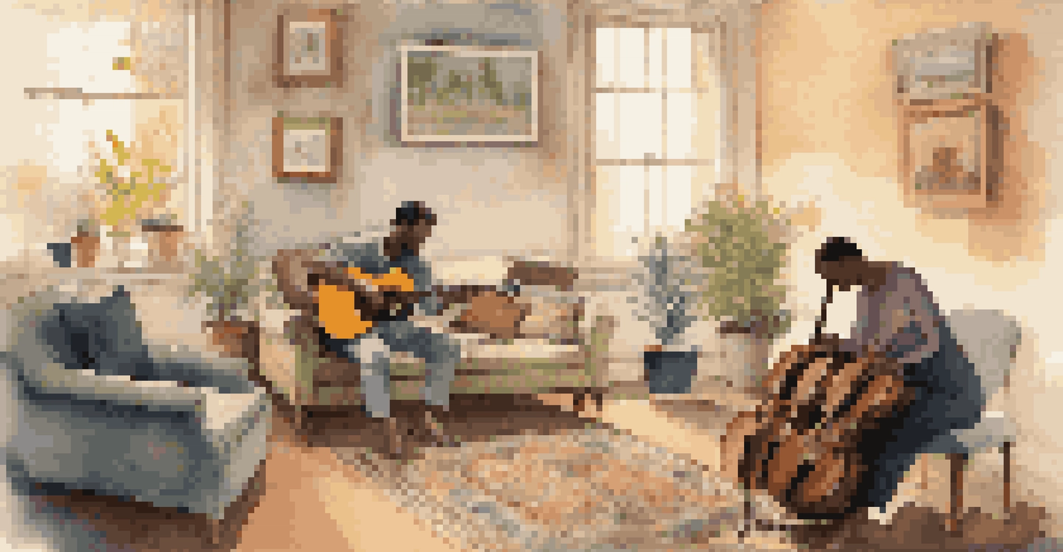 A music therapy session between a therapist and a client in a cozy, softly lit room.