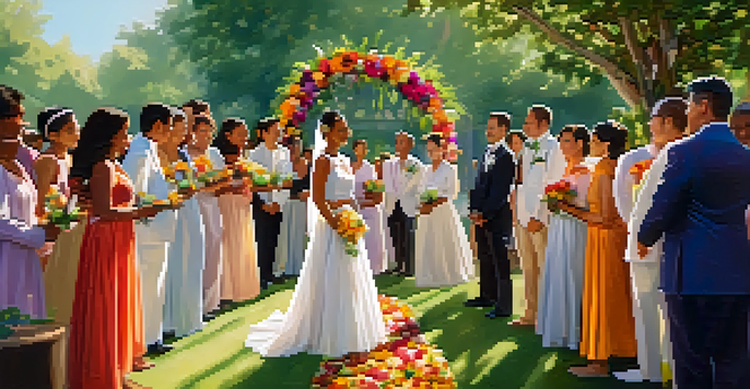 A colorful outdoor wedding ceremony in a lush garden with diverse people in traditional attire, singing and dancing around a decorated altar.