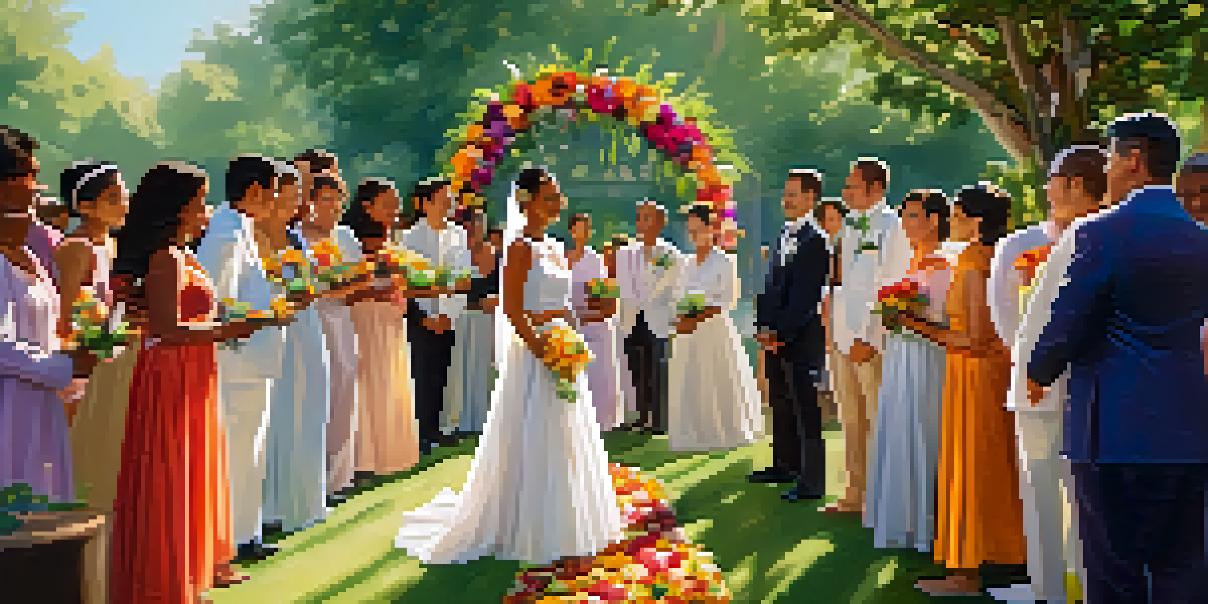 A colorful outdoor wedding ceremony in a lush garden with diverse people in traditional attire, singing and dancing around a decorated altar.