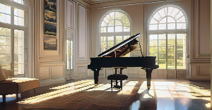 A grand piano in a sunlit room with sheet music and floating musical notes.