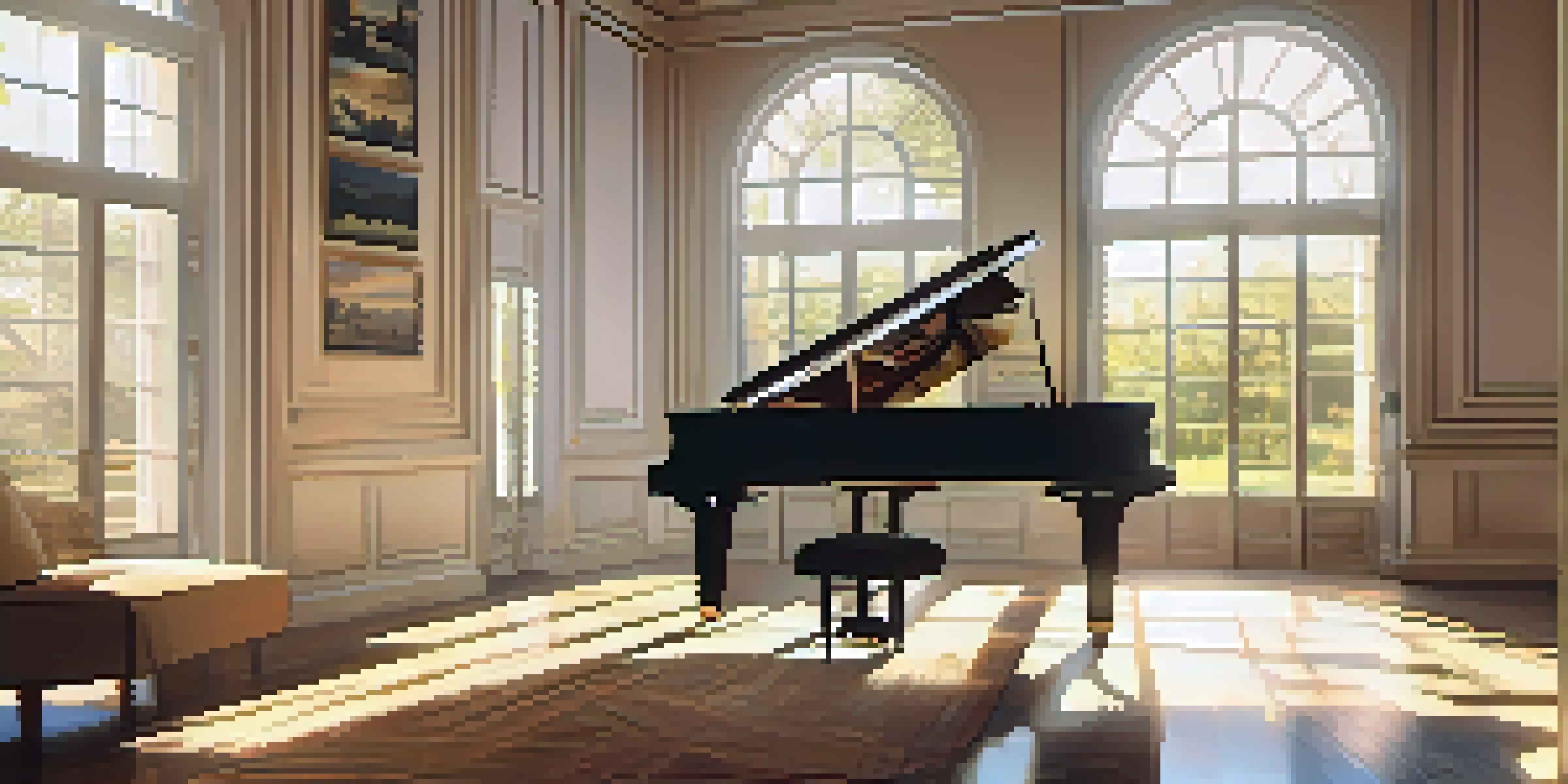 A grand piano in a sunlit room with sheet music and floating musical notes.